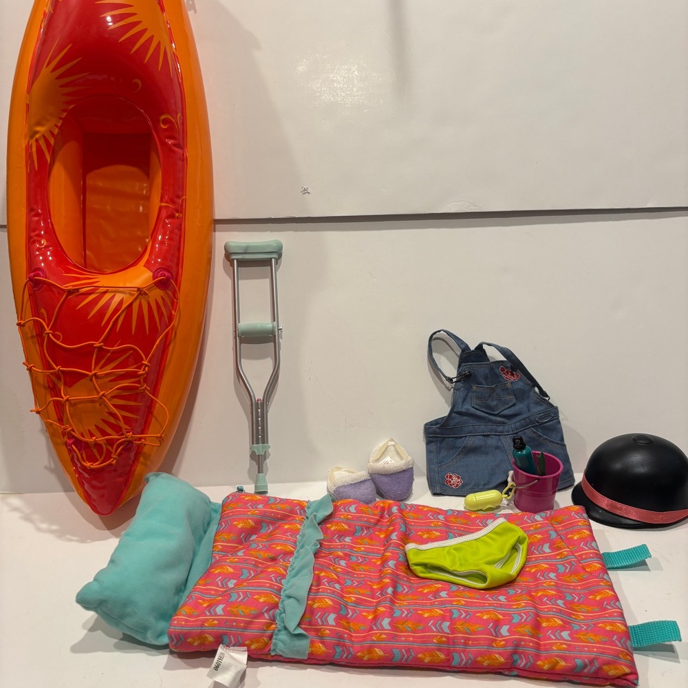 American Girl Doll Accessory Lot Kayak Sleeping Bag Overalls Crutch Helmet